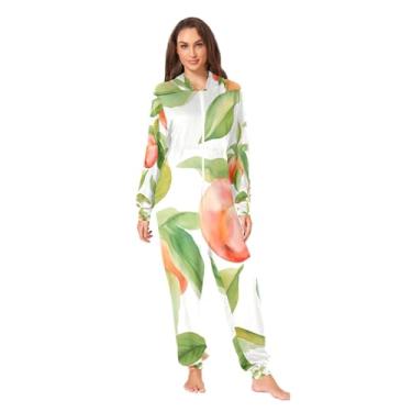 Imagem de GAIGEO Pijama macacão adulto verde folha sem pés, macacão adulto, pijama com zíper para adultos, P-GG, Pêssegos em branco com folhas-2, G