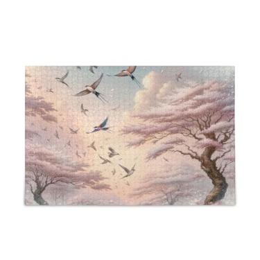 Imagem de Quebra-cabeça com 1000 peças, flor de cerejeira, pássaros voadores, presente faça você mesmo, com bolsa de armazenamento de malha, atividade familiar divertida