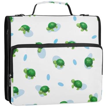 Imagem de Organizador de fichário com zíper, tartarugas verdes, branco, 3 anéis, 3 anéis, bolsa floral para fichários escolares com alça de ombro, vários bolsos, pasta grande, 34,5 x 31,5 x 9 cm
