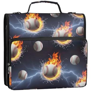 Imagem de Organizador de fichário com zíper, bolas de beisebol, chamas de água, 3 cm, 3 anéis, bolsa de fichário resistente com alça para portfólio escolar e suporte de pasta de anéis, 34,5 x 31,5 x 9 cm