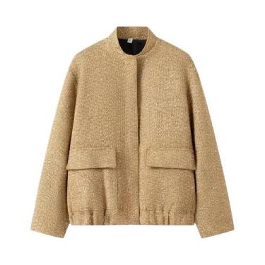 Imagem de Jaqueta De Lantejoulas Douradas Para Mulheres Y2K Com Gola Alta E Mang