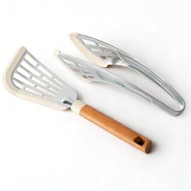 Imagem de Aeelue Conjunto de 2 espátulas de borboleta e pinças de borboleta feito de silicone e aço inoxidável com borda curva flexível espátula ranhurada para panelas antiaderentes, ovo, bife, panqueca