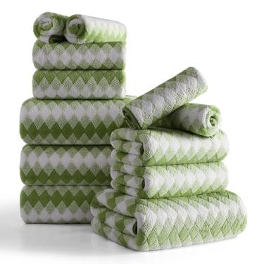 Imagem de Oliven Conjunto de 12 toalhas de diamante branco verde escuro - 4 toalhas de banho, 4 toalhas de mão, 4 toalhas de banho de poliéster macio com laço absorvente toalha de banho toalhas de família de