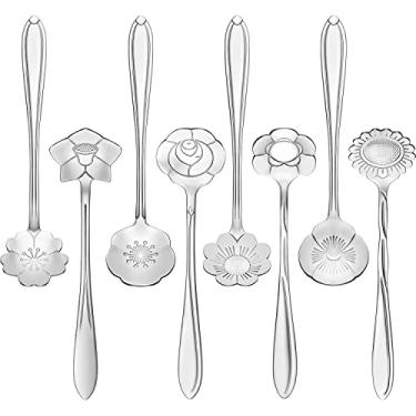Imagem de Conjunto de 8 Colheres com Gravura Flores em Aço Inoxidável Utensílios Mesa Colher Criativa para Mexer Açúcar Café Chá Suprimentos Cozinha Sobremesas