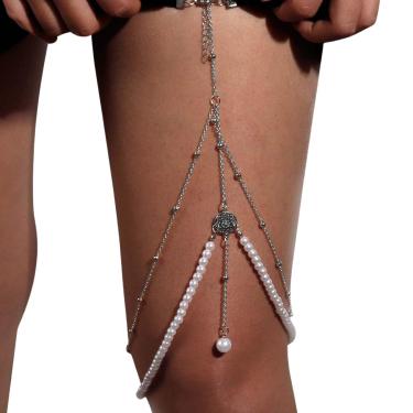 Imagem de Body Chain Corrente Coxa Strass Prata Pérolas Feminino