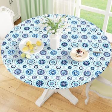Imagem de misaya Toalha de mesa redonda com borda elástica, capa de mesa de plástico 100% à prova d'água à prova de óleo, toalha de mesa de flanela de vinil serve para mesas redondas de 63,5 a 76 cm para jantar