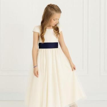 Imagem de Vestido longo Off White com Faixa e Laço AZUL MARINHO Infantil Festa e