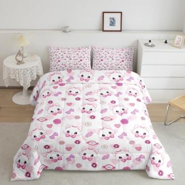 Imagem de Jogo de cama romântico de gato fofo, tamanho Queen, com laço e margarida, decoração de quarto de meninas, mulheres, doces, coração, romântico, edredom, princesa, rosa, 2 fronhas