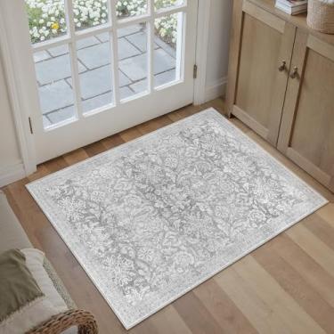 Imagem de PureCozy Tapete cinza 5 x 7 cm lavável tapete de porta de entrada tapete vintage antiderrapante pequeno camada baixa cozinha banheiro tapete retrô acento entrada quarto escritório sala de estar