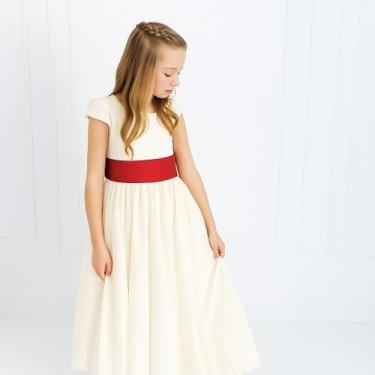 Imagem de Vestido longo Off White com Faixa e Laço VERMELHO Infantil Festa elegâ