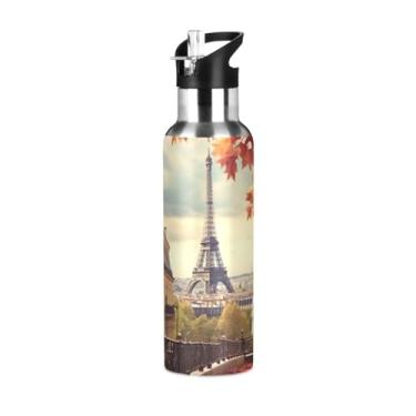 Imagem de Burbuja Garrafa de água de aço inoxidável da Torre Eiffel de outono, garrafas de água isoladas a vácuo com tampa de canudo para esportes, academia, escola - à prova de vazamento e suor, sem BPA, 590