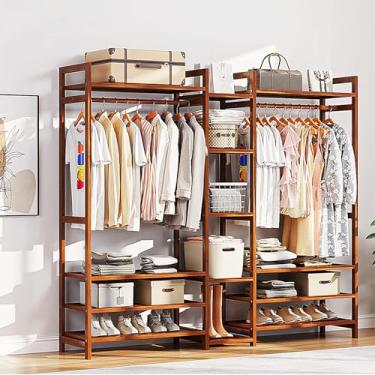 Imagem de Rack de roupas de madeira maciça, sistema de armário de bambu, suporte de roupas para pendurar roupas, cabideiro independente com prateleiras, para entrada e quarto, 170 cm