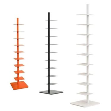 Imagem de Estante de livros de coluna de 9 camadas, estante de metal, torre de livros de lombada vertical, estante alta e estreita, estante de canto para espaços pequenos, prateleira de livros multiuso para