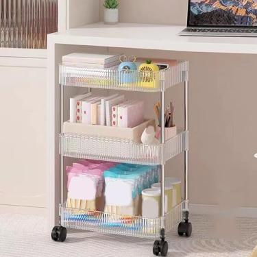 Imagem de Carrinho de rodinhas utilitário de 3 níveis com rodas bloqueáveis, unidade de prateleiras móveis e cestos suspensos, organizador de armazenamento transparente para mesa lateral de sofá, 38 cm P x 23