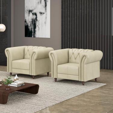 Imagem de Kit 2 Poltronas Decorativas Sala de Estar Stanford Chesterfield Pés de Madeira Couro Off White G58 - Gran Belo