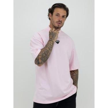Imagem de Camiseta Oversized Gola Alta Borracha Triangulo Black White Streetwear Confortavel Masculina Rosa-Masculino