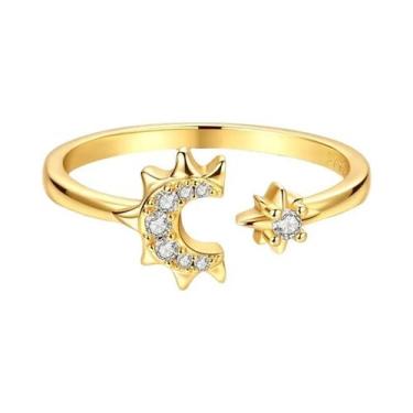 Imagem de Anel Feminino De Prata 925 Dourado Com Zircônia Estrela E Lua, Joia De