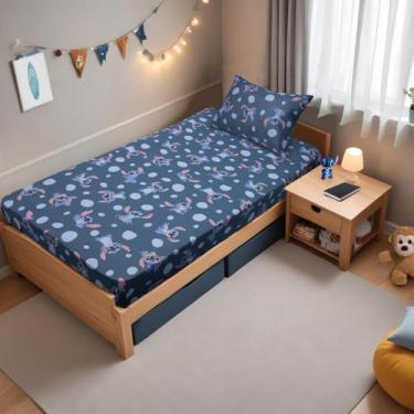 Imagem de Jogo de Lençol Infantil 2 Peças Portallar Disney Stitch, Azul Escuro