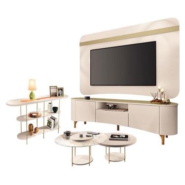 Imagem de Rack Bancada Elara e Painel Armony com Kit Mesa de Centro Sky e Aparador Infinity Off White Champanhe - HB Móveis
