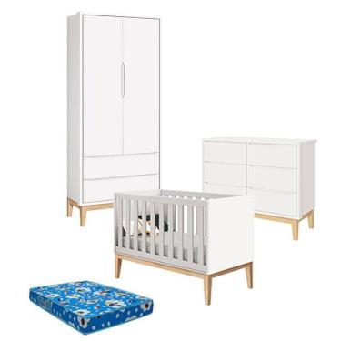 Imagem de Quarto de Bebê 2 Portas e Cômoda 6 Gavetas New Classic Branco com Pés Madeira Natural e Colchão Ortobom - Reller