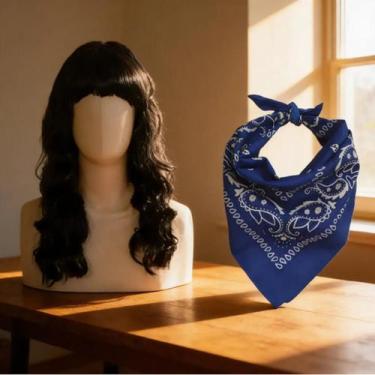 Imagem de Peruca Longa Ondulada C/ Lenço Country Rock Festas Eventos - 2 Pçs Cor