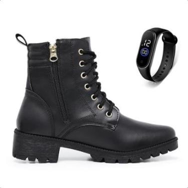 Imagem de Bota Casual Feminina Coturno Feminino Moderno Cano Curto Zíper Preta Confortável + Reló...