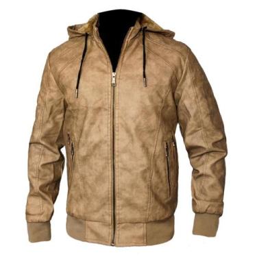 Imagem de Jaqueta Couro Masculina Forrada Capuz Removível Slim KLIZZ, Caqui, G