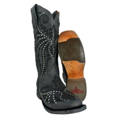 Imagem de Bota Texana Feminina Goyazes Bico Quadrado Couro Dallas Marinho Com Bo