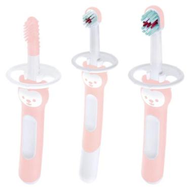 Imagem de Kit 3 Escovas Primeiros Dentinhos Mam Brushes 5m+ Trio Rosa