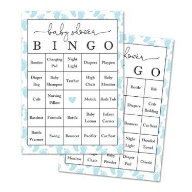 Imagem de InvitationHouse Blue Baby Feet Cartões de bingo para chá de bebê – pré-preenchidos – Conjunto de 24…