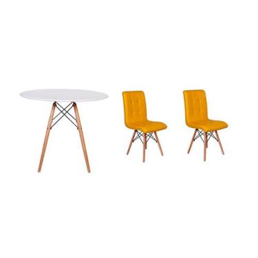 Imagem de Kit Mesa Jantar Eiffel 120cm Branca + 02 Cadeiras Gomos - Amarela - Ma