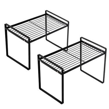 Imagem de Shantton Pacote com 2 prateleiras para armário de cozinha, balcão, organizador para despensa, banheiro, quarto, mesa, mesa, espaço de aço, empilhável, resistente à ferrugem, antiderrapante, preto – Versão alta