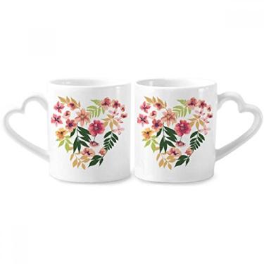 Imagem de Conjunto de canecas de porcelana de casal de flores desenho de folhas aquarela conjunto de caneca de cerâmica para amantes de