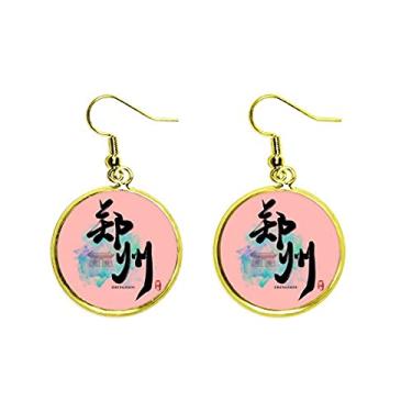 Imagem de Brinco feminino de caligrafia China Hangzhou com pingente de orelha dourada