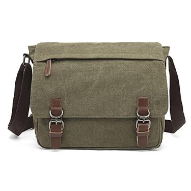 Imagem de Sechunk Canvas Leather Messenger Bag Bolsa de ombro transversal bolsa transversal para laptop de 38 cm, Verde militar, Small