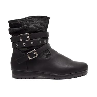Imagem de Bota Cano Baixo Mooncity Feminina Camuflada Salto Baixo Com Fivela 71124 (Preto, BR, Adulto, Numérico, 34)