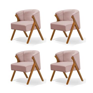 Imagem de Kit 4 Poltronas Luxo Moderna Luna Pés em Madeira Maciça Veludo Rosê