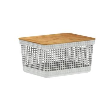 Imagem de Cesto Organizador Grid Com Tampa Bambu Branco 2,5L Ou
