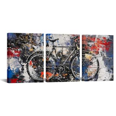 Imagem de KREATIVE ARTS Conjunto de arte de parede em tela de bicicleta enferrujada de 3 peças, preto e azul, estampa de bicicleta vintage, estilo industrial, decoração de parede para sala de estar, quarto
