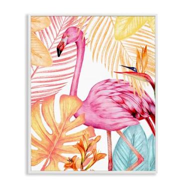 Imagem de Stupell Industries Flamingo e plantas em tons brilhantes com design de arte giclée emoldurado por Kim Allen, 28 x 35
