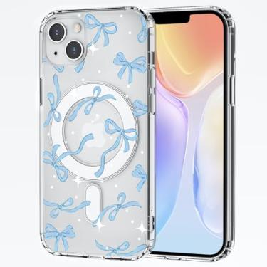 Imagem de CozyNestCY Capa magnética fofa com laço azul para iPhone 16 Pro Max estética moderna capa de telefone transparente compatível com Magsafe sem fio fina adorável capa de telefone anti-amarelo à prova de