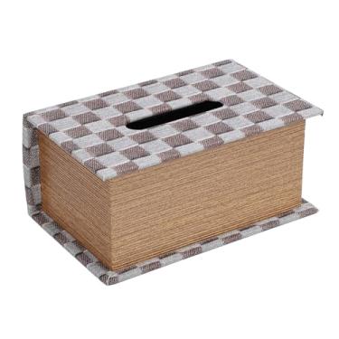 Imagem de Suporte de caixa de lenços estilo livro estrutura de madeira couro PU grande capacidade porta-guardanapos para casa quarto escritório (tabuleiro de xadrez marrom)