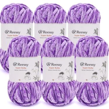 Imagem de Reessy Pacote de fios de chenille de veludo – 6 novelos × 100 g super volumosos (CYC #6) – Veludo macio grosso para crochê e tricô, fio de chenille fofo para cobertores, cachecóis e artesanato (roxo)