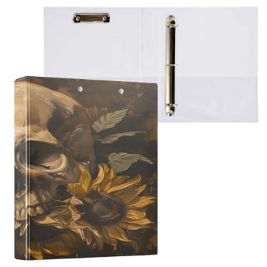 Imagem de CEBUGI Fichário redondo com 3 anéis de girassóis caveira de 3 cm comporta 200 folhas, pastas com 3 bolsos de PVC transparente para escritório, 31,5 x 27 x 6 cm, pacote com 2