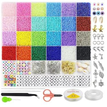 Imagem de Kit de contas de argila para colar de pulseira, 24 cores vibrantes, contas redondas planas com espaçadores de pedras preciosas, pingentes e cordão elástico para fazer joias DIY