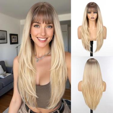 Imagem de HAIRCUBE Perucas longas e retas para mulheres, peruca sintética em camadas com franja, cor loira para uso diário
