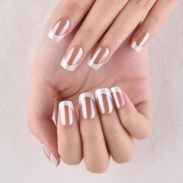 Imagem de Nude Chrome French Press on Nails Short Square, unha nude esmaltada, ponta branca, cola brilhante nas unhas, prensa para mulheres com kit, gel macio reutilizável em unhas falsas com desenhos franceses