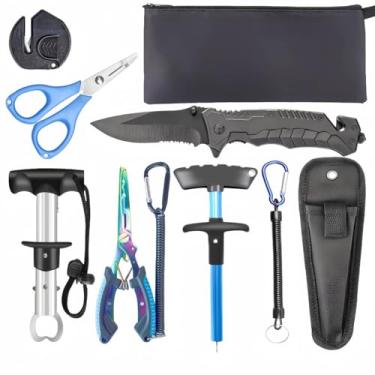 Imagem de Kit de ferramentas de pesca de bolso com 8 peças, alicate de pesca dobrável, tesoura, prendedor de lábio de peixe, removedor de gancho, cordão de bainha, aboda, ferramentas de pesca em água doce e