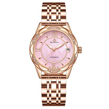 Imagem de Relógio feminino de cerâmica, relógio automático com mostrador de madrepérola de aço inoxidável para mulheres e meninas, rosa