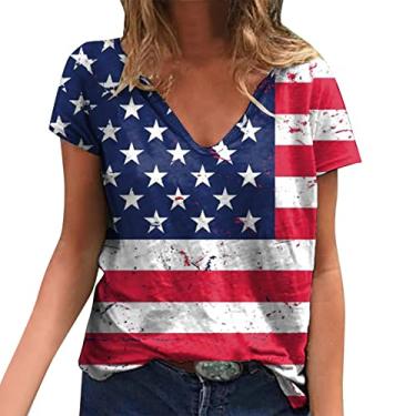 Imagem de Elogoog Camisa Patriótica Bandeira dos EUA Camiseta Feminina Gola V Dia da Independência 4 de Julho Camisa Americana Pulôver Solto Top de Férias, Azul-escuro - B, M
